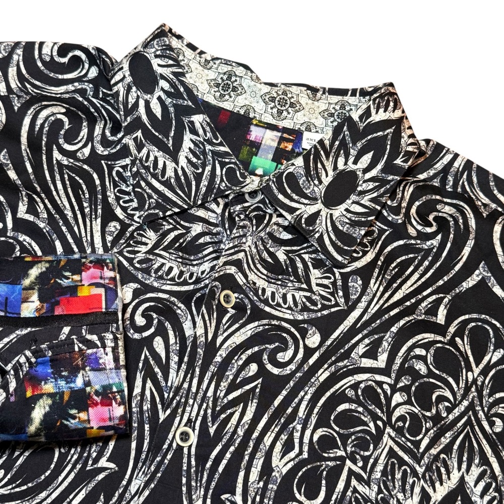 Robert Graham Mens 2XLT Black White Paisley Damask Button Down Shirt Long Sleeve
